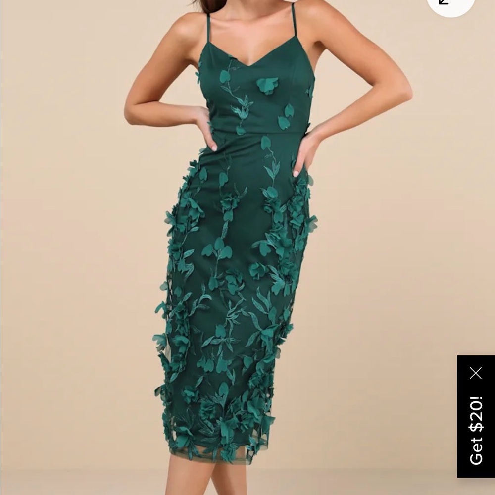 Lulu's Emerald Green 3D Floral Appliqué Midi Dress NWT NEVER WORN